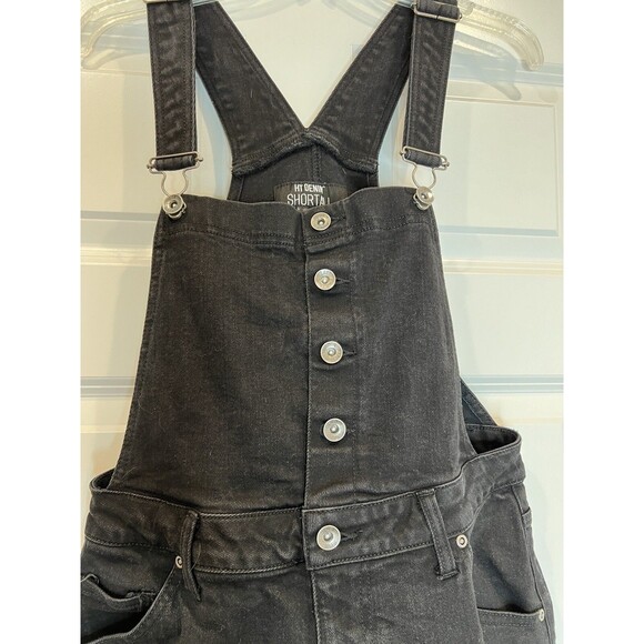 Hot Topic Denim Jean Overall Shorts Shortalls Womens S Black Wash Raw Fringe Hem - Picture 2 of 7